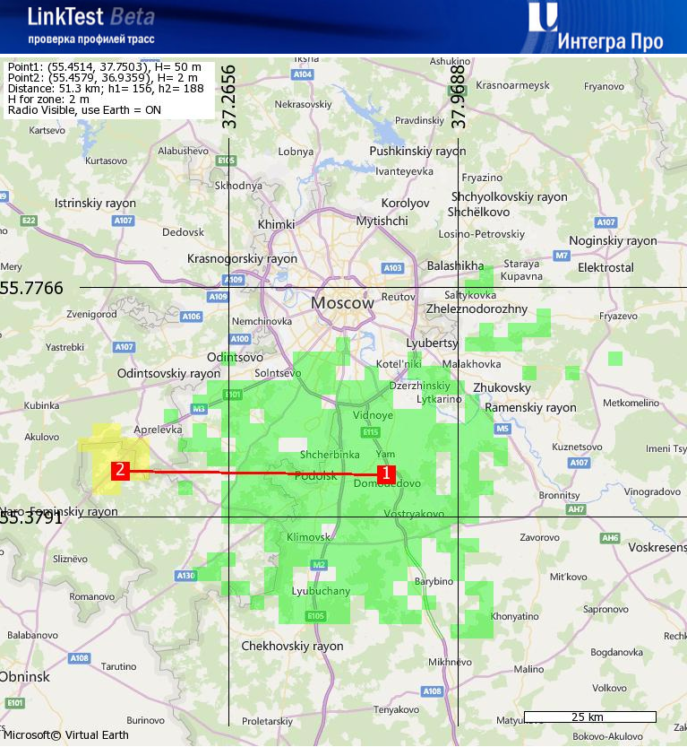 Расчетная зона покрытия - расчет производился при помощи программы расчета на сайте LinkTest